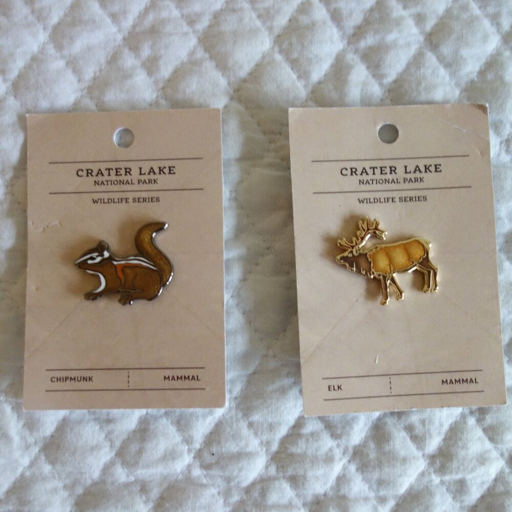 Two New CRATER LAKE National Park Wildlife Series Lapel Pins – Chipmunk / Elk